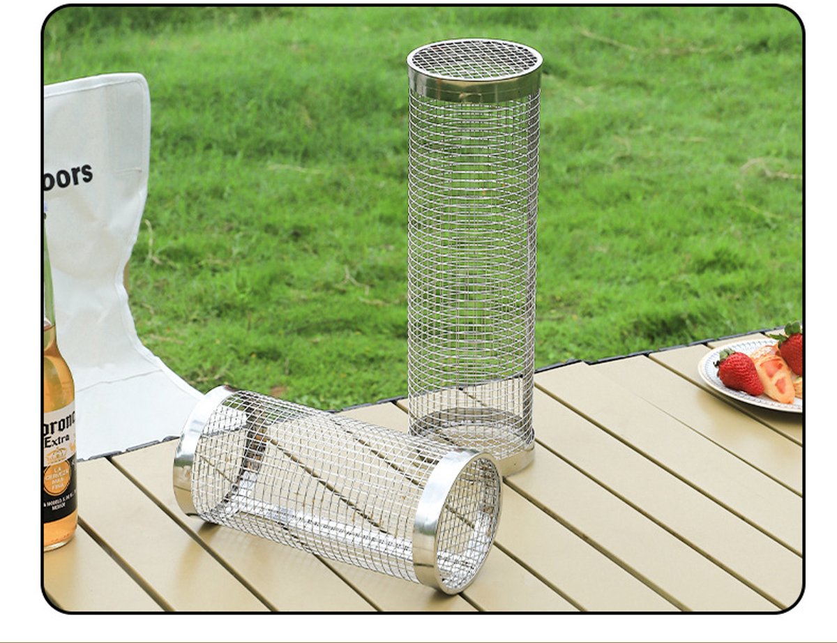 Grote Rollende Grillmand Roestvrijstalen BBQ Grillrooster Mandje Anti-aanbak Vis Groenten Grillrooster BBQ-accessoires voor buiten Picknick Kampvuur Kamperen 1 Stuk (20 cm)