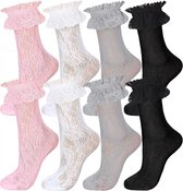 4 paar Kanten Sokken - Sokken met Kanten Rand - Kanten Ruches Enkelsokken voor Dames - Halfhoge Kanten Sokken - Prinsessenaccessoires - Draag met Jurken, Rokken, T-shirts, Jeans en Broeken - Geschikt voor Feesten, Picknicks, Reizen, Fotoshoots, Danse