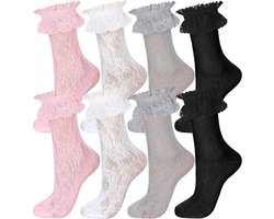 4 paar Kanten Sokken - Sokken met Kanten Rand - Kanten Ruches Enkelsokken voor Dames - Halfhoge Kanten Sokken - Prinsessenaccessoires - Draag met Jurken, Rokken, T-shirts, Jeans en Broeken - Geschikt voor Feesten, Picknicks, Reizen, Fotoshoots, Danse