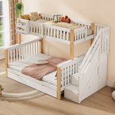 Stapelbed - Kinderbed met opbergmand - met lades - met trap - met kluisje - zonder matras - wit naturel kleur - 140x200cm en 90x200cm