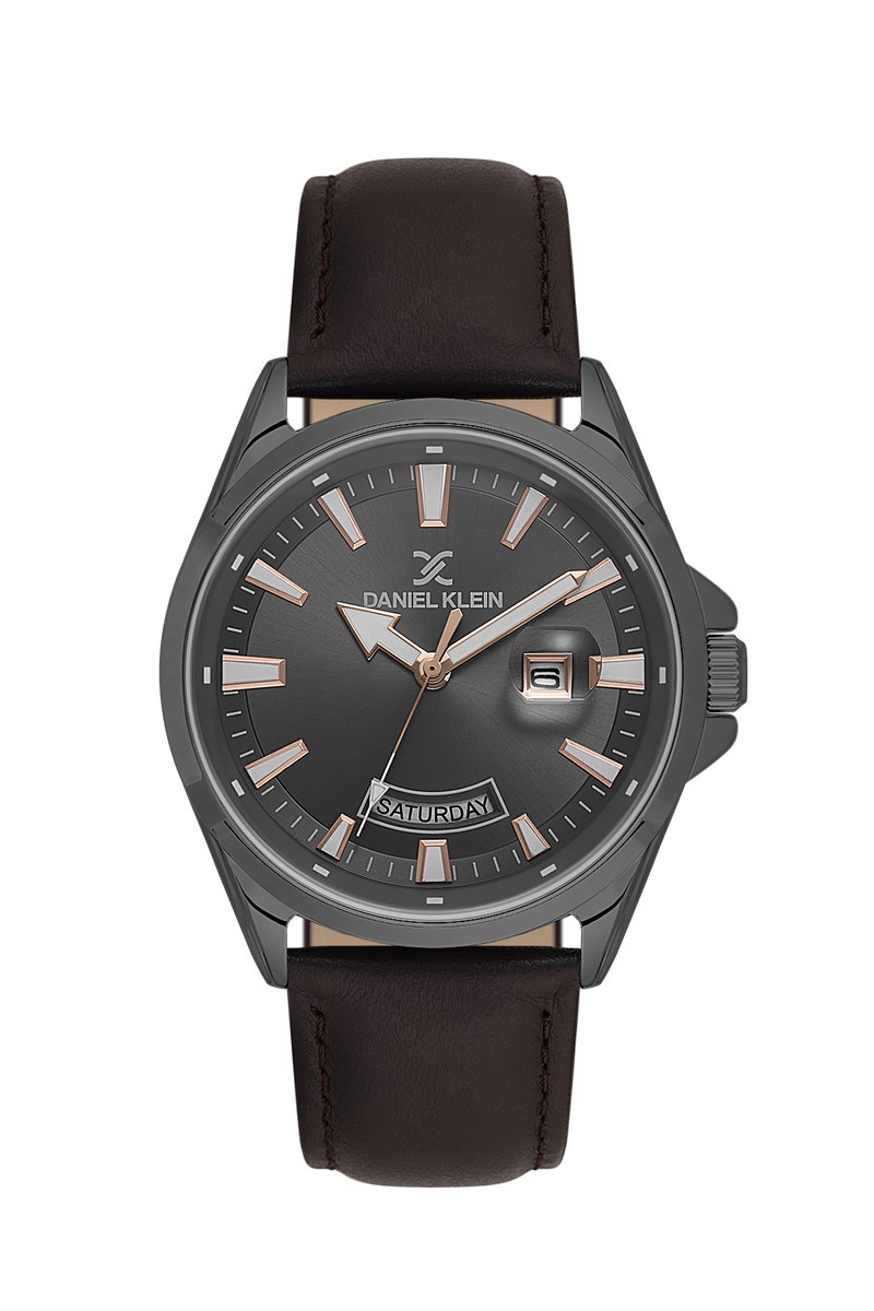Daniel Klein DK.6.14038-4 - Horloge - Polshorloge - Analoog - Heren - Mannen - Leren band - Metaal - Rond - Streepjes - Datumaanduiding - Bruin- Grijs - Rosékleurig - Wit