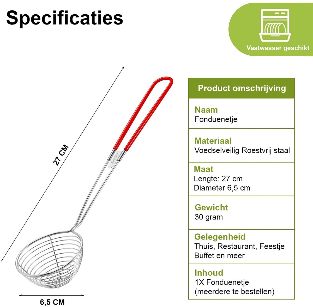 Fondue netjes voor Hotpot - Roestvrij staal - met handgreep - Ø6,5cm - los verkrijgbaar of als set van 4/6/8 stuks - Rood – foto 2