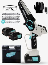 VENTRA® - Mini Kettingzaag - Heggenschaar 21V Accu - Handkettingzaag - Snoeizaag - Takkenzaag - 3000mAh - Inclusief 2 Accu's, 4 Kettingen en Veiligheidsbril