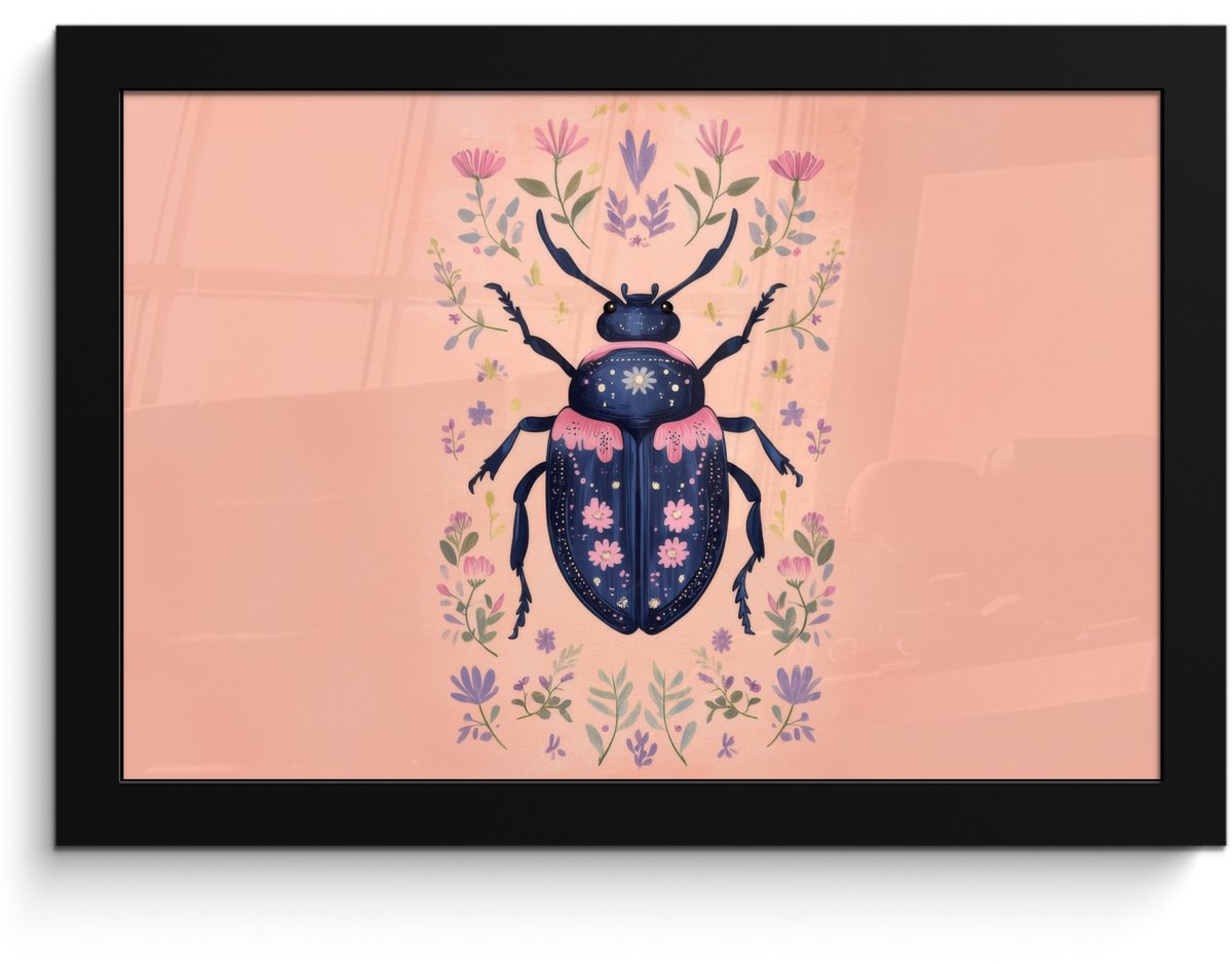 FrameYourWall Poster in lijst - Fotolijst 30x20 cm - Posters - Kever - Donkerblauw - Bloemen - Sierlijk - Posterlijst zwart - Decoratie - Wanddecoratie woonkamer - Muurdecoratie slaapkamer Bloemen - Kever