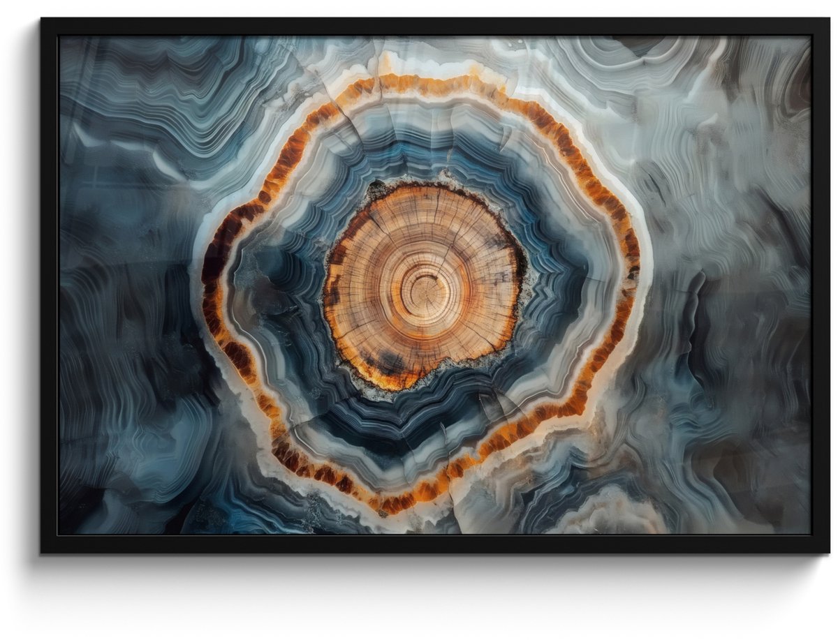 FrameYourWall Poster in lijst - Fotolijst 90x60 cm - Posters - Cirkel - Ringen - Steen - Tinten - Posterlijst zwart - Decoratie - Wanddecoratie woonkamer - Muurdecoratie slaapkamer