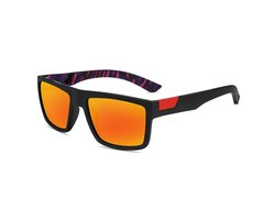 Zonnebril Heren – Red Mirror Lens – Mat Zwarte Kunststof Montuur – Rechthoekig – Spiegelglazen – Paars/Zwart Geometrisch Pootdesign