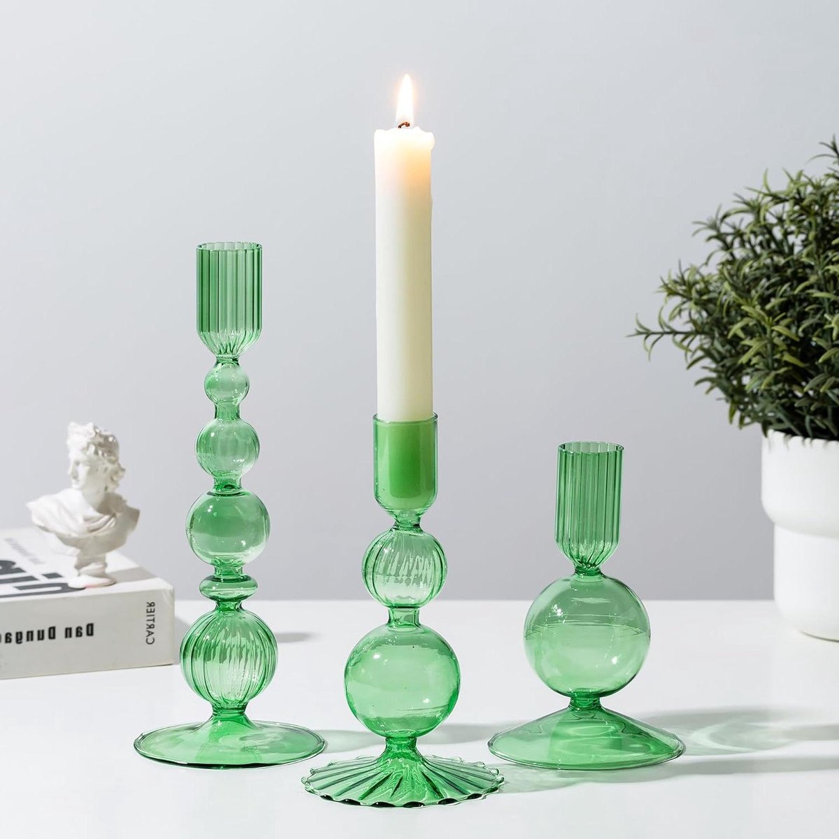 Allecto plus - Set van 3 Groene Glazen Kandelaarhouders voor Home Decor - Gekleurde Kaarshouders - Kerst Tafel Decoraties - Taper Kaarshouder met Bubbel Design