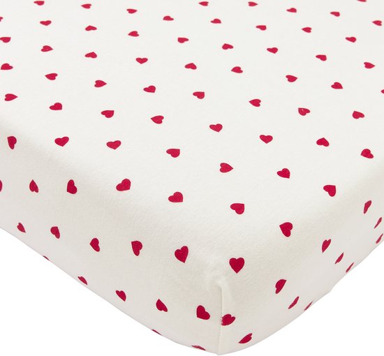 Wit hoeslaken met all-over patroon van kleine rode hartjes.