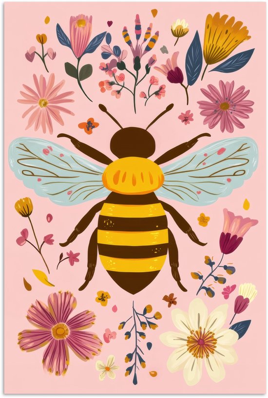 Poster 40x60 cm - Bij - Geel - Bloemen - Kleurrijk - Posters - Kamer decoratie - Wanddecoratie woonkamer - Muurdecoratie slaapkamer