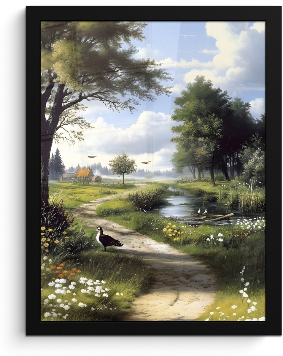 FrameYourWall Poster in lijst - Fotolijst 30x40 cm - Posters - Zandpad - Groen landschap - Water - Posterlijst zwart - Decoratie - Wanddecoratie woonkamer - Muurdecoratie slaapkamer Zandpad - Water
