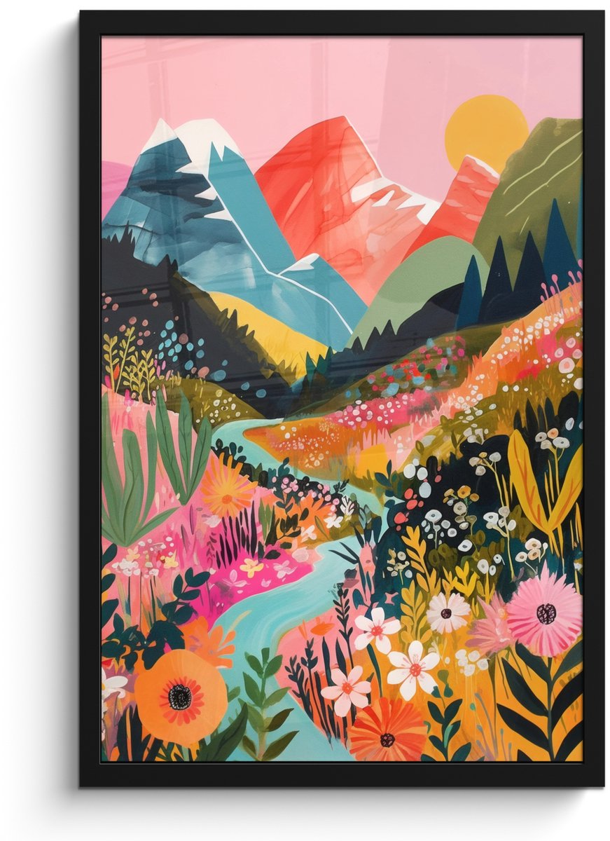 FrameYourWall Poster in lijst - Fotolijst 40x60 cm - Posters - Rivier - Diepte - Bloemen - Posterlijst zwart - Decoratie - Wanddecoratie woonkamer - Muurdecoratie slaapkamer Rivier - Bergen - Kleurrijk