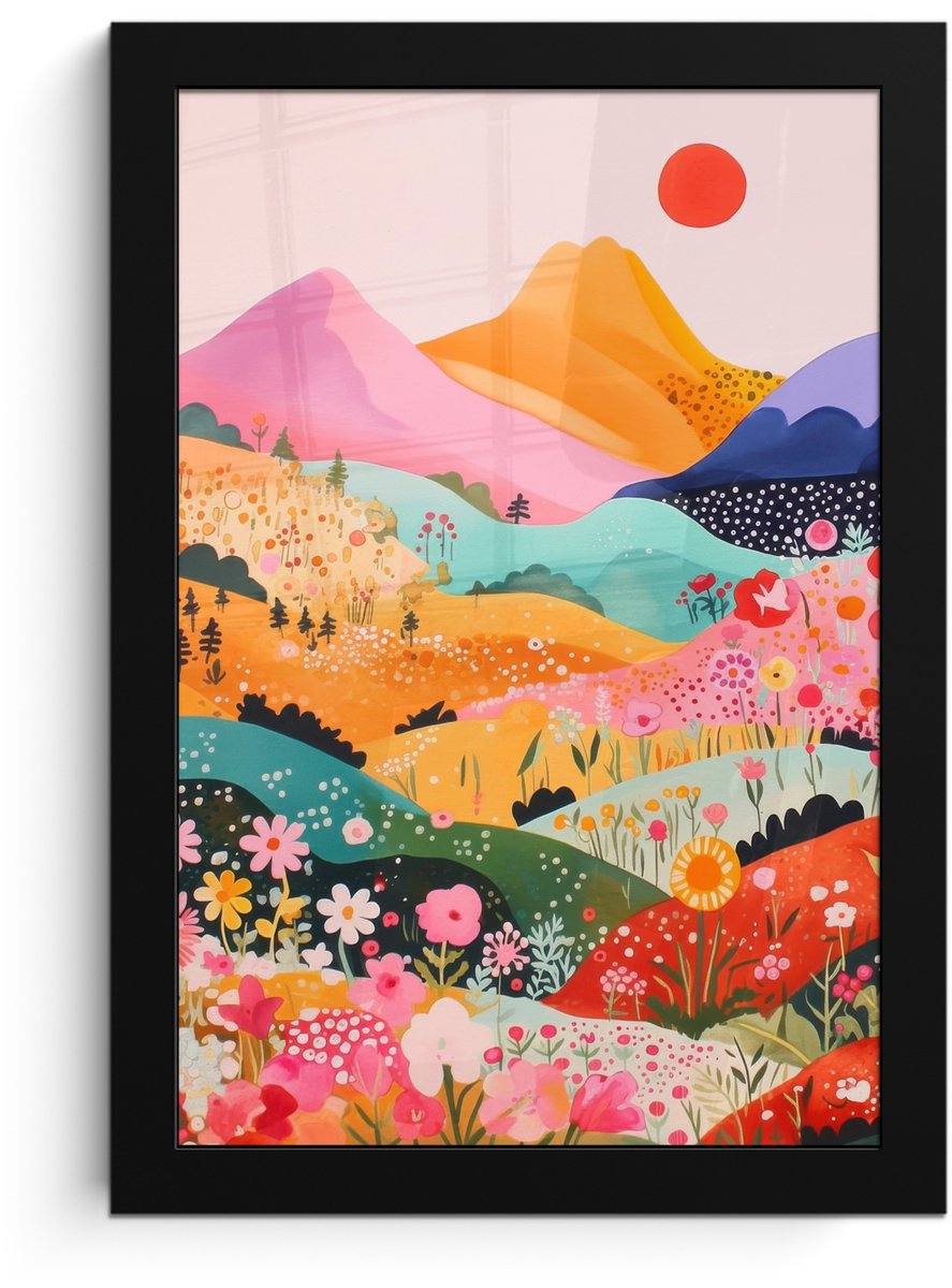 FrameYourWall Poster in lijst - Fotolijst 20x30 cm - Posters - Kleurrijke bloemen - Bergen - Fantasielandschap - Posterlijst zwart - Decoratie - Wanddecoratie woonkamer - Muurdecoratie slaapkamer Bloemen - Heuvels - Kleurrijk