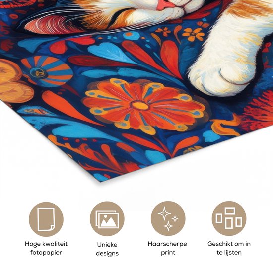 Poster 120x90 cm - Kat - Bloemenpatroon - Blauw - Oranje - Posters - Kamer decoratie - Wanddecoratie woonkamer - Muurdecoratie slaapkamer