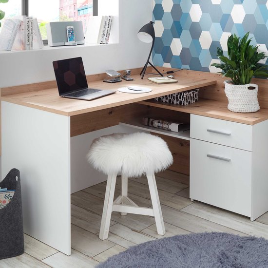 Bureau d'angle Morkov - chêne/blanc - Bega Consult - Bureaux d'angle - Blanc|Brun - Panneaux de particules - Bureaux d'angle