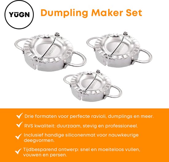 YUGN Dumpling Maker Set met drie RVS deegvormers van verschillende maten (7,5 cm, 8,5 cm, 9,5 cm) en een siliconen werkmat. Voordelen: drie formaten, RVS kwaliteit, inclusief mat, tijdbesparend.