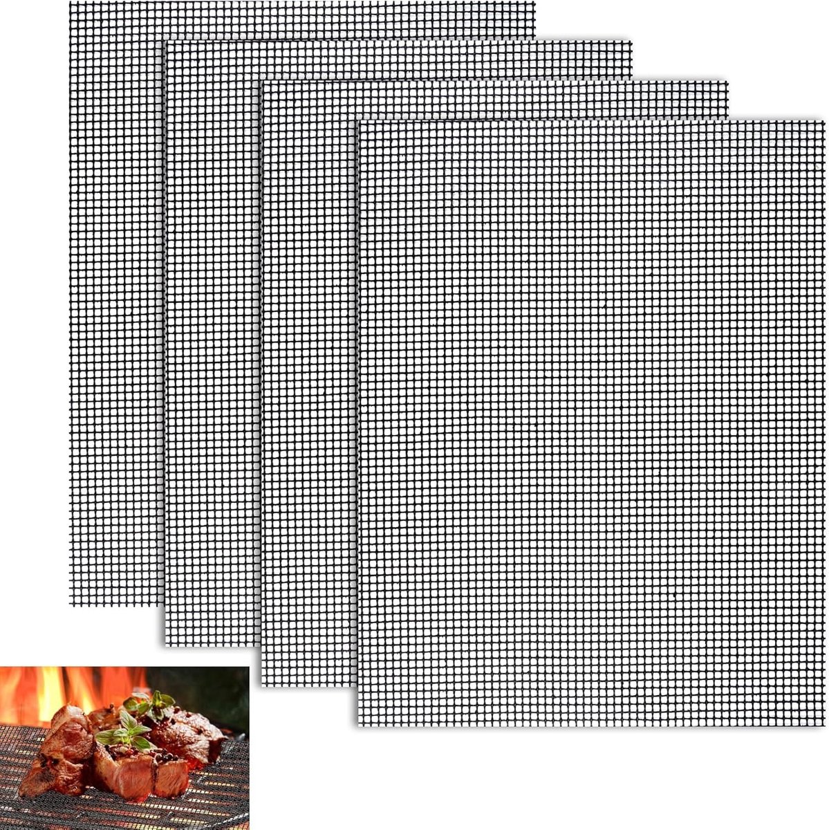 EXCITAT Grillmatten - 40 x 33 cm - 4-delig - Zwart - Antiaanbak grill- en BBQ-matten - Herbruikbaar - Hittebestendig - Geschikt voor gasgrills, houtskoolgrills, elektrische grills en airfryers