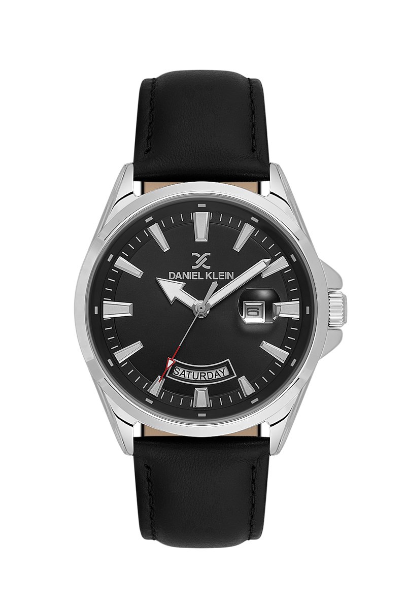 Daniel Klein DK.6.14038-1 - Horloge - Polshorloge - Analoog - Heren - Mannen - Leren band - Metaal - Rond - Streepjes - Datumaanduiding - Zwart - Zilverkleurig - Wit - Rood