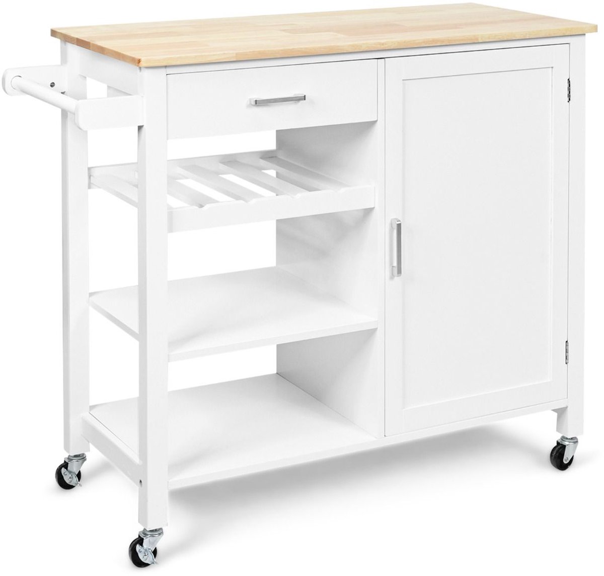 Keukeneiland - Verplaatsbaar - Keukenkast - Dressoir - Organizer - Kasten - Houten Werkblad - Lade - Wit