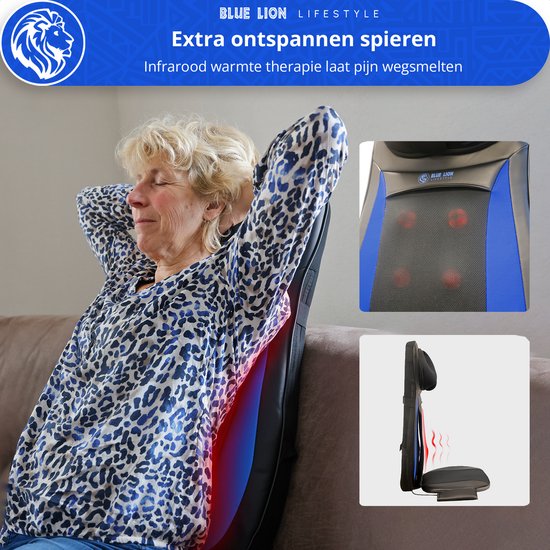 Vrouw met gesloten ogen leunt achterover in het massagekussen, met warmte-effect op de rug en detailfoto's van de massageballen.