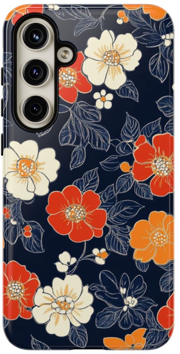 Oranje en Witte Bloemenprint – Telefoonhoesje Geschikt voor Samsung Galaxy S24 Plus