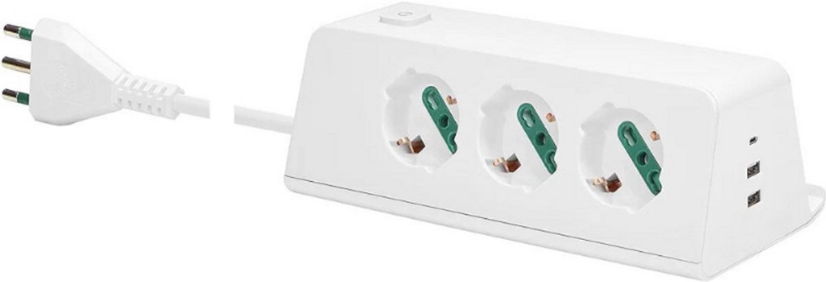 Thuys – Bureaustopcontact – Met Schakelaar En Kabel – 2 Meter – 2x USB-A & 1x USB-C – Inductief Opladen 10W – 16A Stekker – Wit