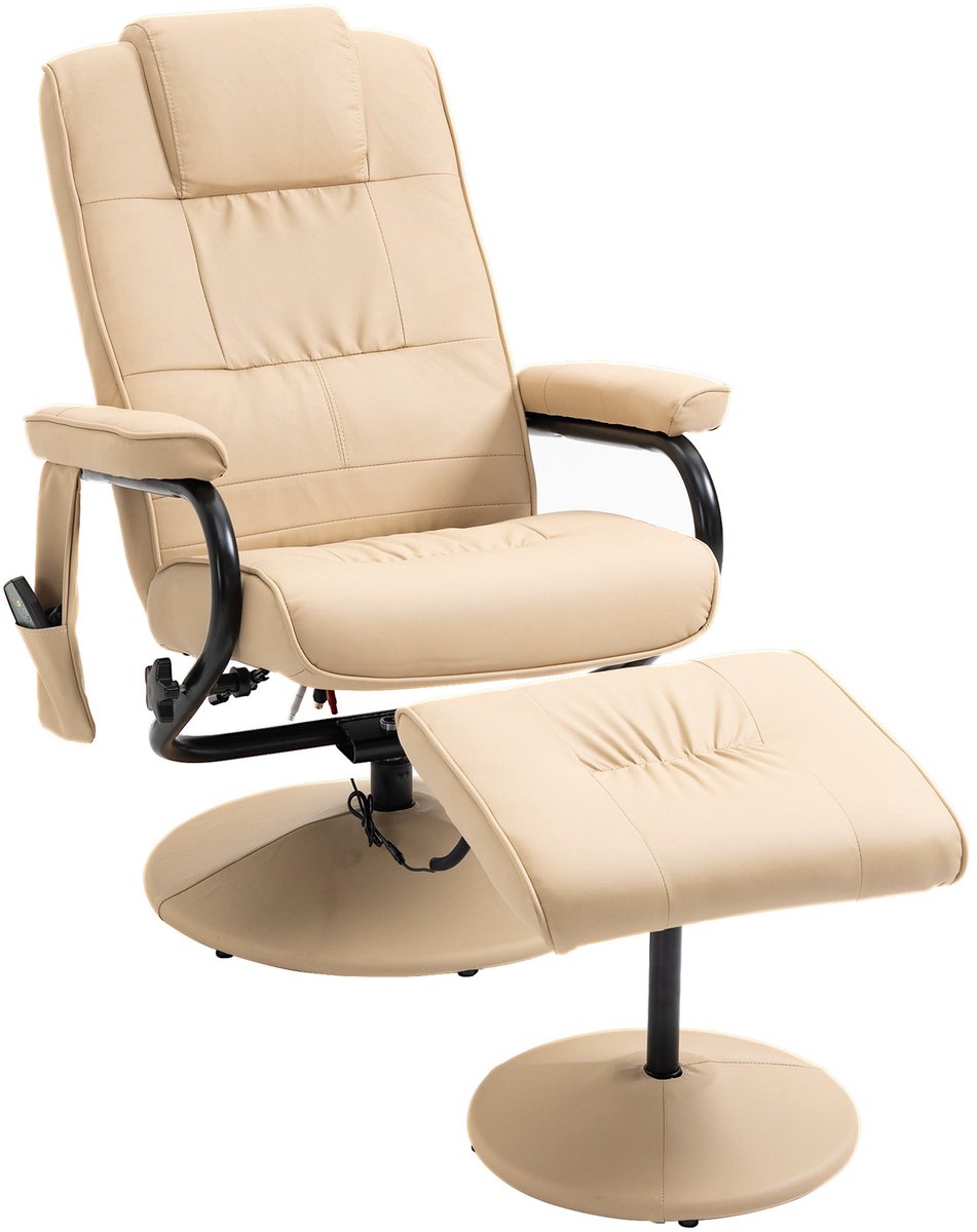 Merax Relaxfauteuil met Massagefunctie en Voetenbank – 10 Massagepunten – 360° Draaibaar – Verstelbare Rugleuning – Kunstleer Crème Wit