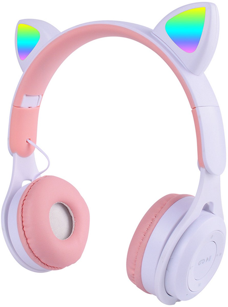 KINSI LED Kattenoren Koptelefoon - Draadloze Bluetooth Headset met Verlichte Oren - Voor Meisjes & Gaming,Wit-roze