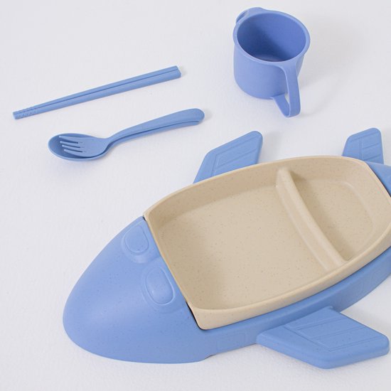 Kinderservies Set vliegtuig - Baby Servies - Peuterbord met Vakjes - 5-delige Eetset met Bestek, Beker & vliegtuigbord - Duurzaam Wheat Straw - BPA-vrij - Voertuigen Servies - Lunchset Kind - Cadeau voor Peuters & Kleuters - Blauw van Merkloos — afbeelding 3