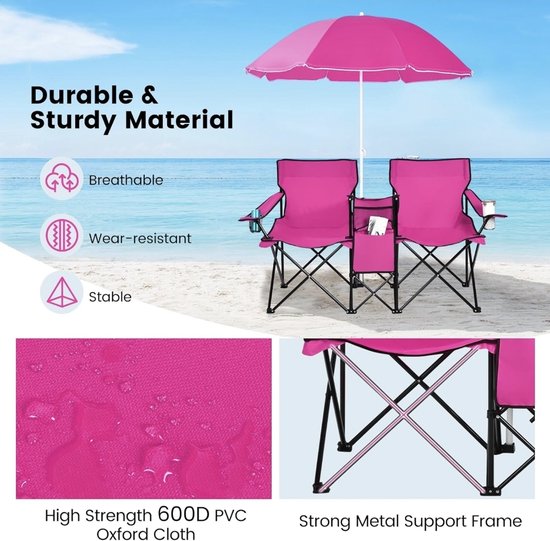 COSTWAY Campingstoel met parasol klapstoel voor koppels dubbele visstoel opvouwbaar met bekerhouder koeltas (Turkoois groen) 55 x 85 x 161 cm