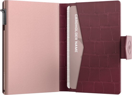 Prowallet Plus – Croco Bordeaux – Porte-cartes RFID – Portefeuille compact avec porte-cartes coulissant – Pour 8 cartes, billets et monnaie – Aluminium et simili cuir – Coffret cadeau de luxe – Femme