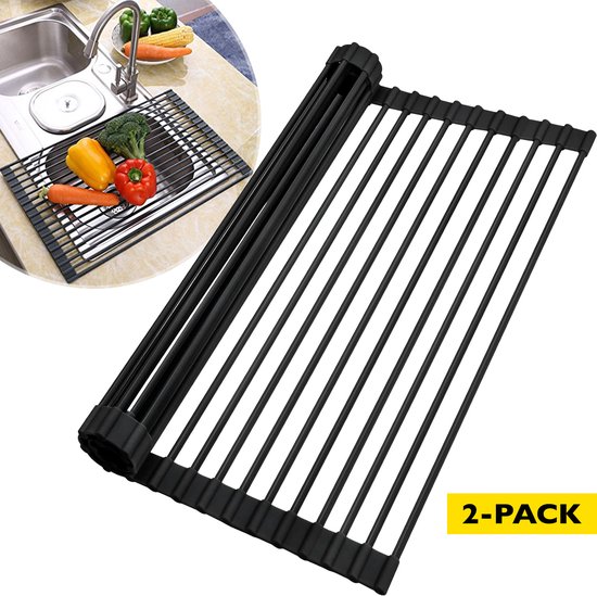 Kitch&Life Afdruiprek Oprolbaar - Set van 2 - Hittebestendig Onderzetter - Afdruipmat - Pannenonderzetter - Gootsteenmat - Zwart