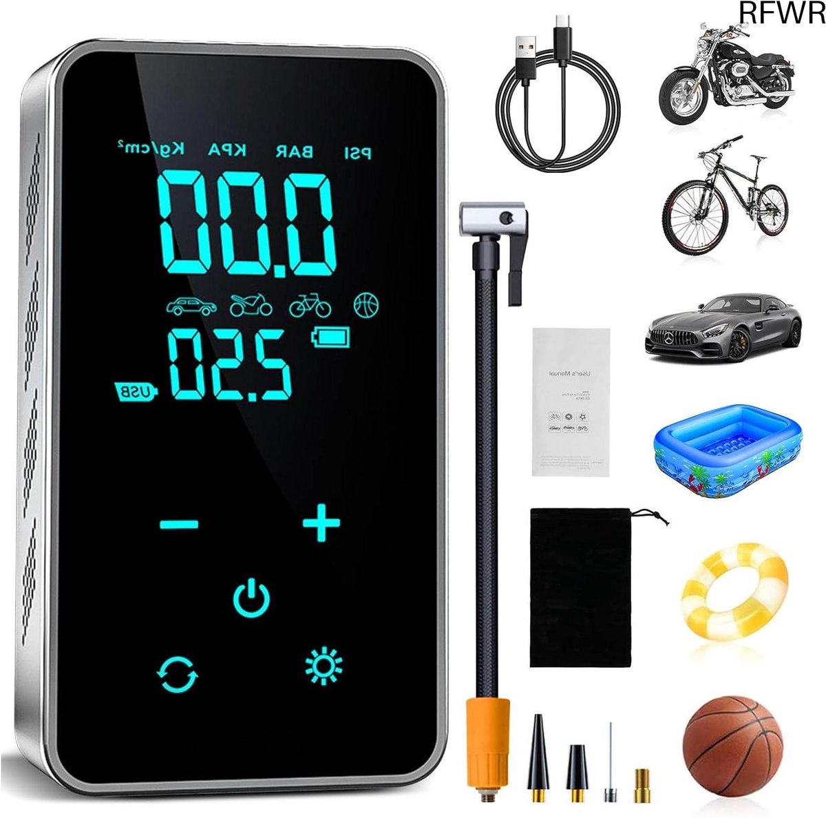 RFWR® Draagbare elektrische luchtpomp met digitaal display en USB-oplader - Multifunctioneel voor auto, fiets en meer