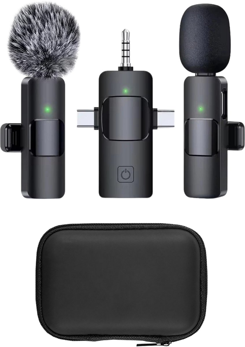 LumiWay Draadloze Microfoon 2 Stuks - Dasspeld Gadgets Microfoons - Plug & Play - USB-C / USB-A / Lightning Adapter & Headphone Jack
