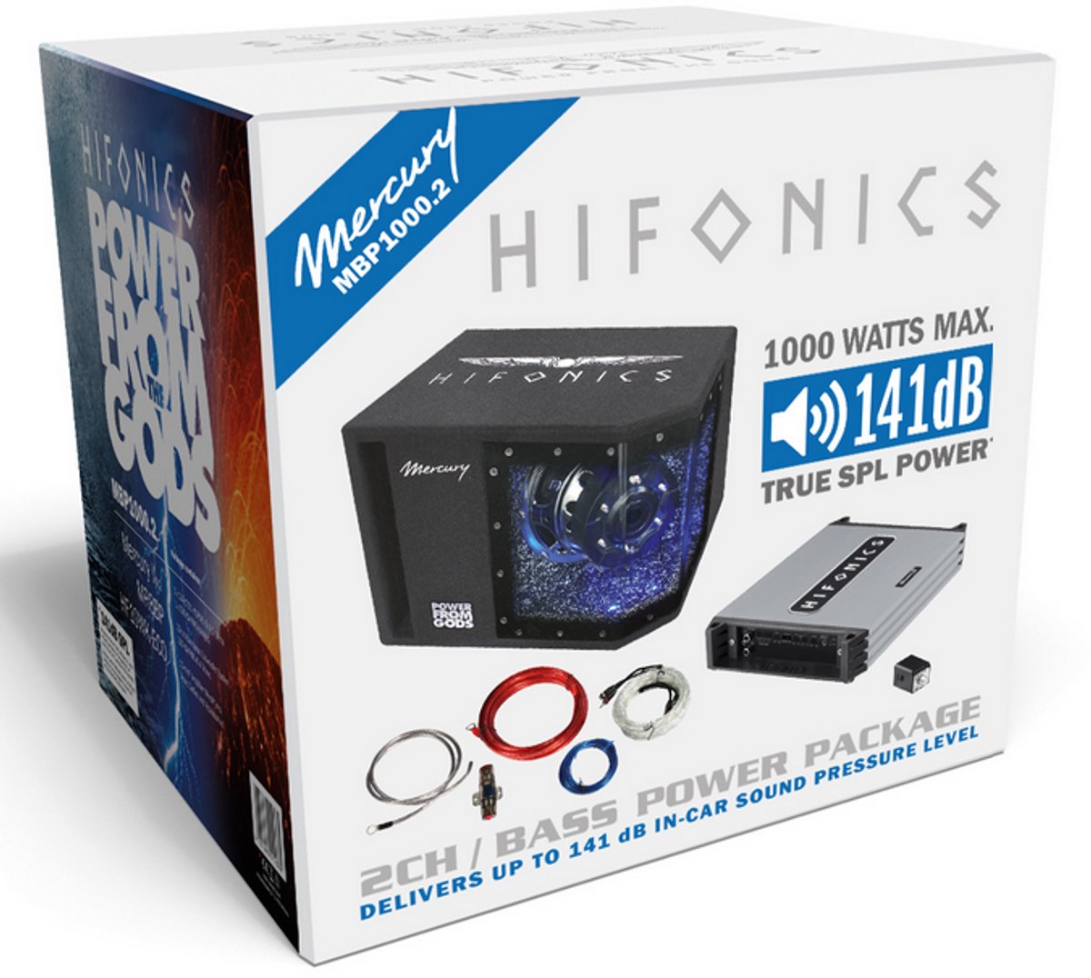 Hifonics Mercury MBP1000.2 basspack 2 kanaals + 8 inch bandpass kist + kabelset / Auto subwoofer set