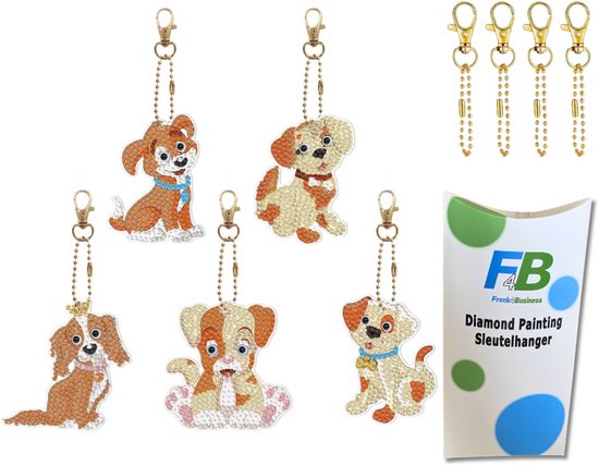 F4B Diamond Painting Sleutelhangers Honden – 5 Stuks – Dubbelzijdig – 7 cm