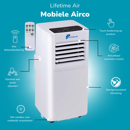 Lifetime Air Mobiele Airco - Airconditioning, Luchtontvochtiger en Ventilator - Luchtkoeler met Afvoerslang - Aircooler 65dB - Air Conditioner tot 40m3 - Afstandsbediening en Timer - 8.000 BTU