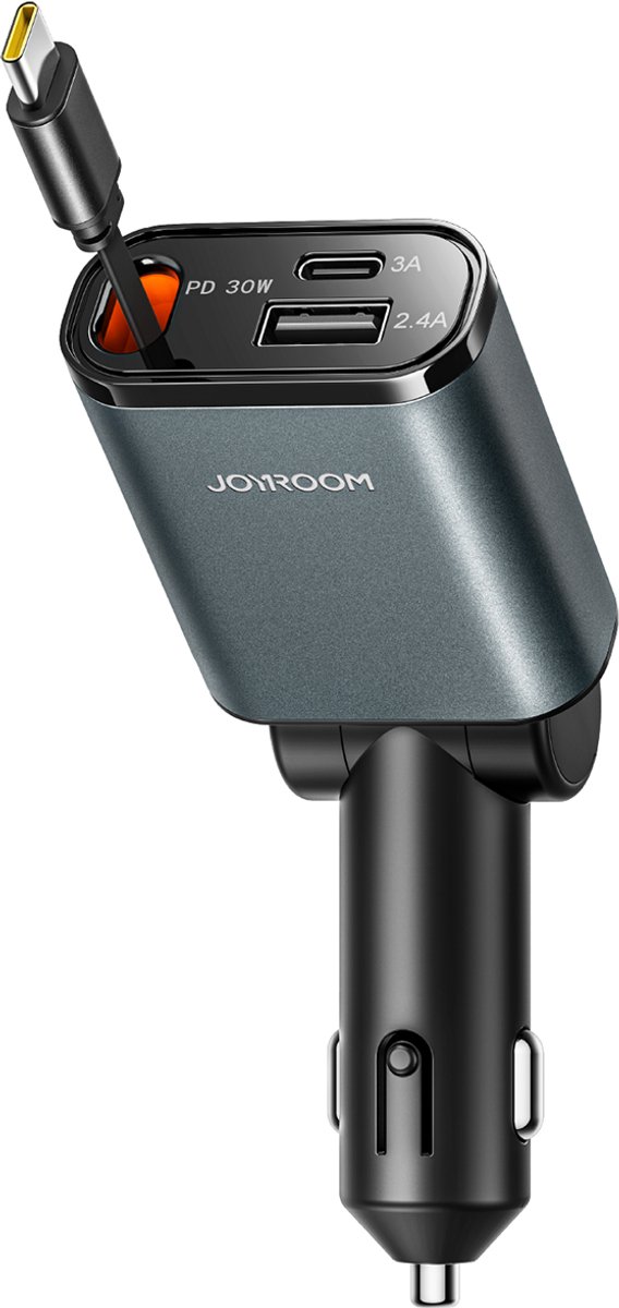 Joyroom - 3in1 Autolader met Ingebouwde USB C Kabel - 30W Snellader - Zwart Grijs