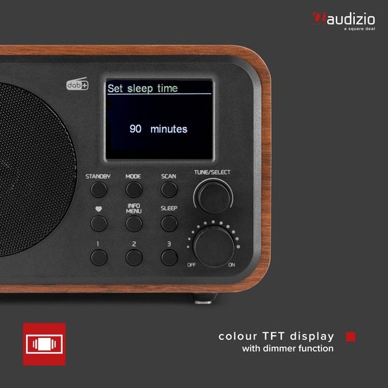 DAB radio met houtlook en zwart display met tekst 'Set sleep time'.