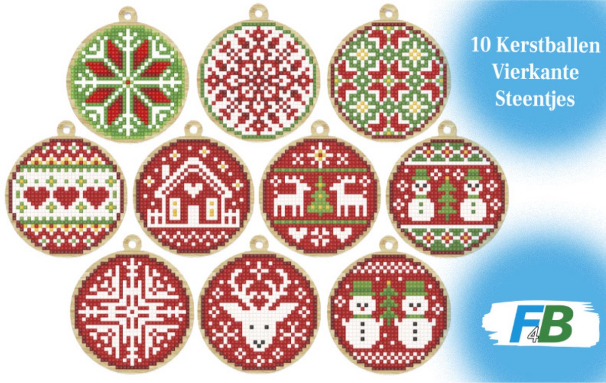 F4B Diamond Painting Kerstballen (1) – 10 Stuks – Vierkante Steentjes – Kerst