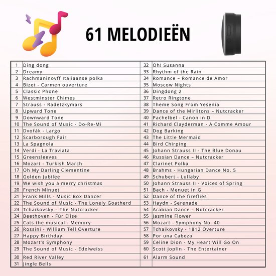 Lijst van 61 melodieën met deurbelknop rechtsboven.