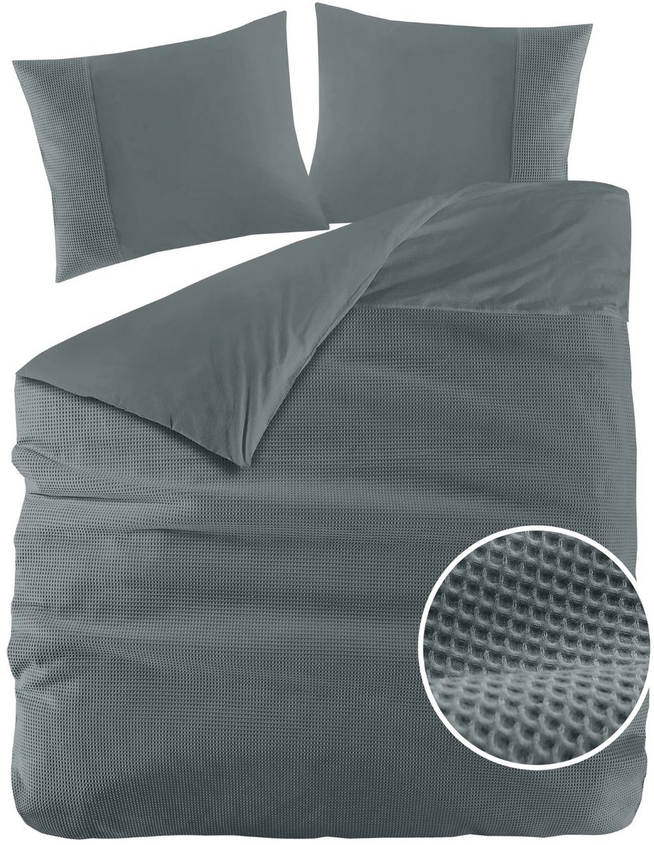 Papillon Dekbedovertrek Mendoza Wafel Donker Groen Lits-jumeaux 240x200/220 cm - Hoogwaardige Percale Katoen Super Zacht