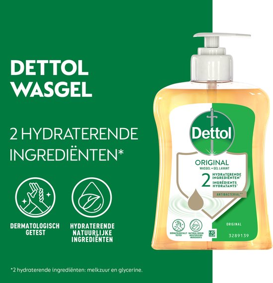 Fles Dettol Original handzeep met 2 hydraterende ingrediënten. Transparante gele zeep met groen etiket en pompdispenser.