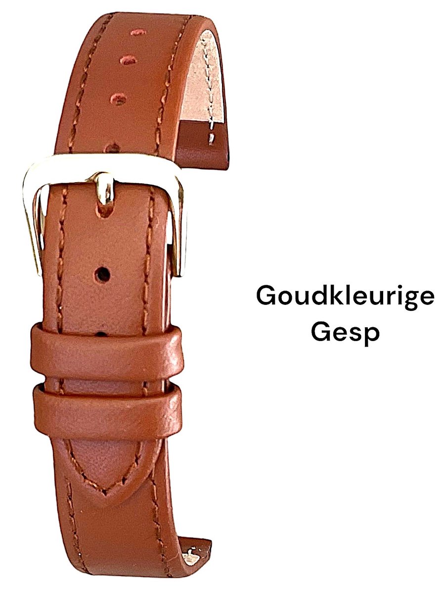 Horlogeband-horlogebandje-20mm-echt leer-zacht- bruin-plat-goudkleurige gesp-leer-20 mm