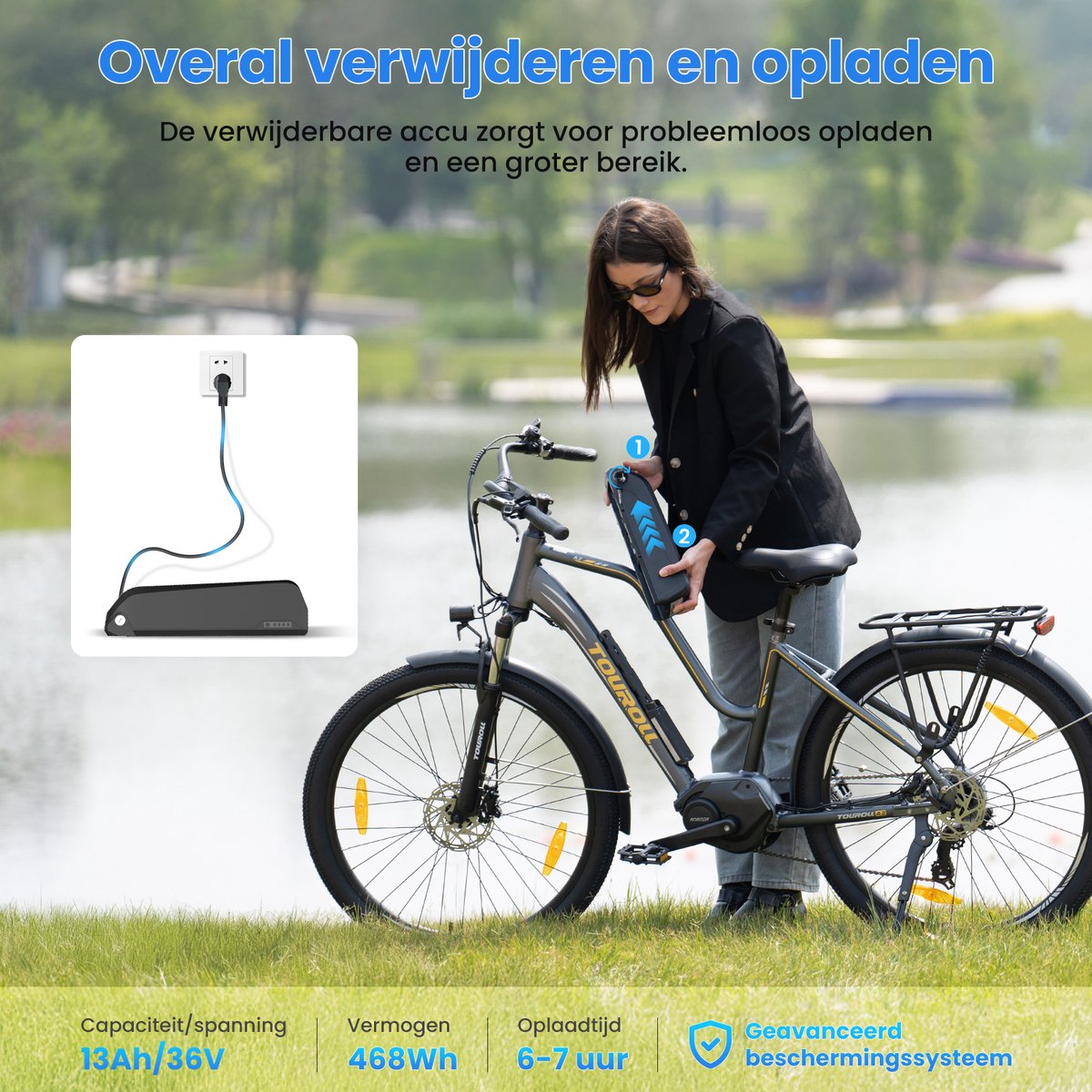 Fietssets:Touroll MA2 Middenmotor Elektrische Fiets 250W Motor 25km/h Externe Batterij Europese Standaard Donkerbruin + Donkergrijs - afbeelding 2