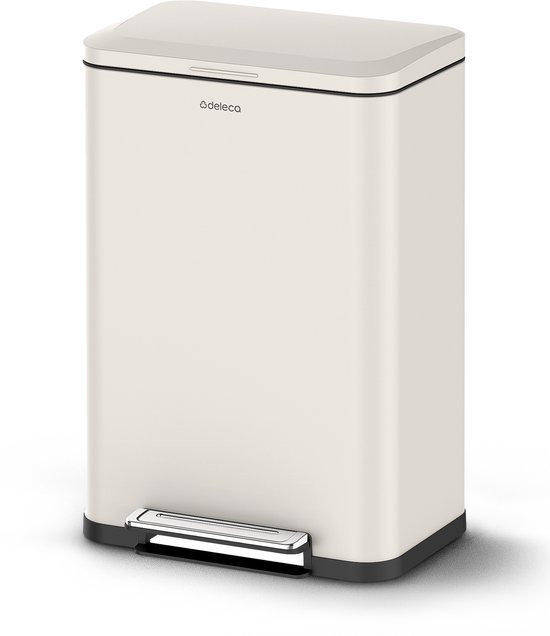 Prullenbak Deleca Prestige - 50 litres - Large - Poubelle à pédale en acier inoxydable - Avec pédale et fermeture lente - Blanc crème