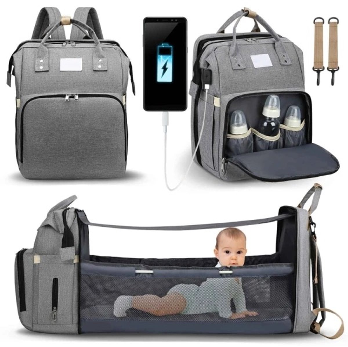 Luxe mama tas/ Opvouwbare baby bed - Baby tas- luier tas - Dubbele schouder mamatas - baby lig bed voor op reis - capaciteit voor melkflessen en luiers - verschoonmatje - met usb oplaadpoort - reistas