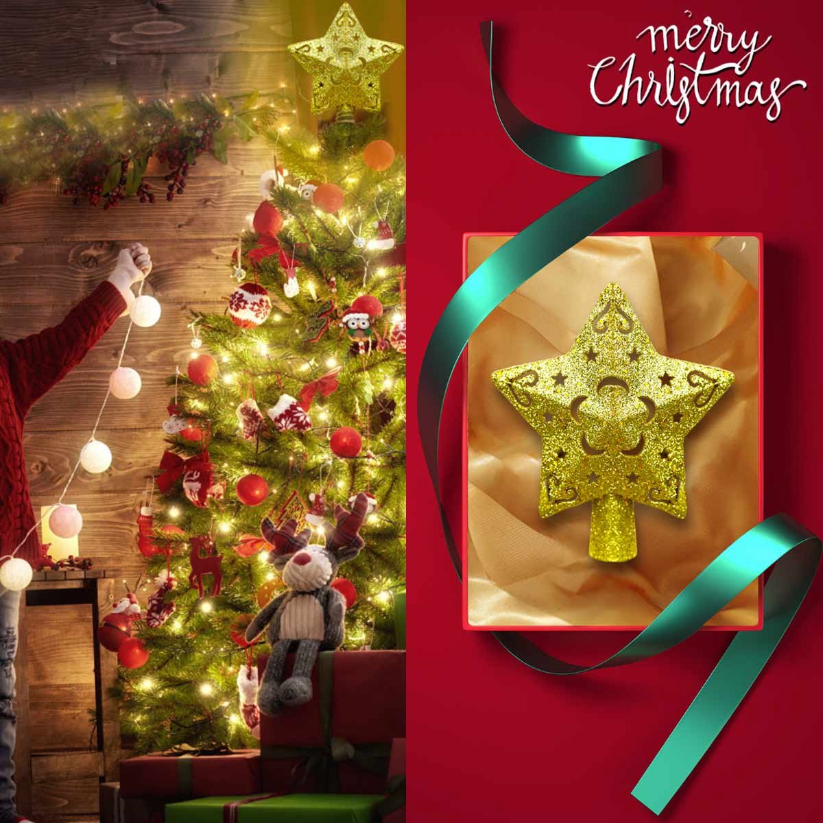 Meedeer Kerst Decoratie Kerstboom Topper-Kerstboom Topper Ster Verlicht met Ingebouwde Roterende LED-lampjes-Met Projectorlicht+5 Projectiekaart- Kerstversiering voor Kerstboom-voor Kerstmis, Feest, Binnenhuisdecoratie – foto 3