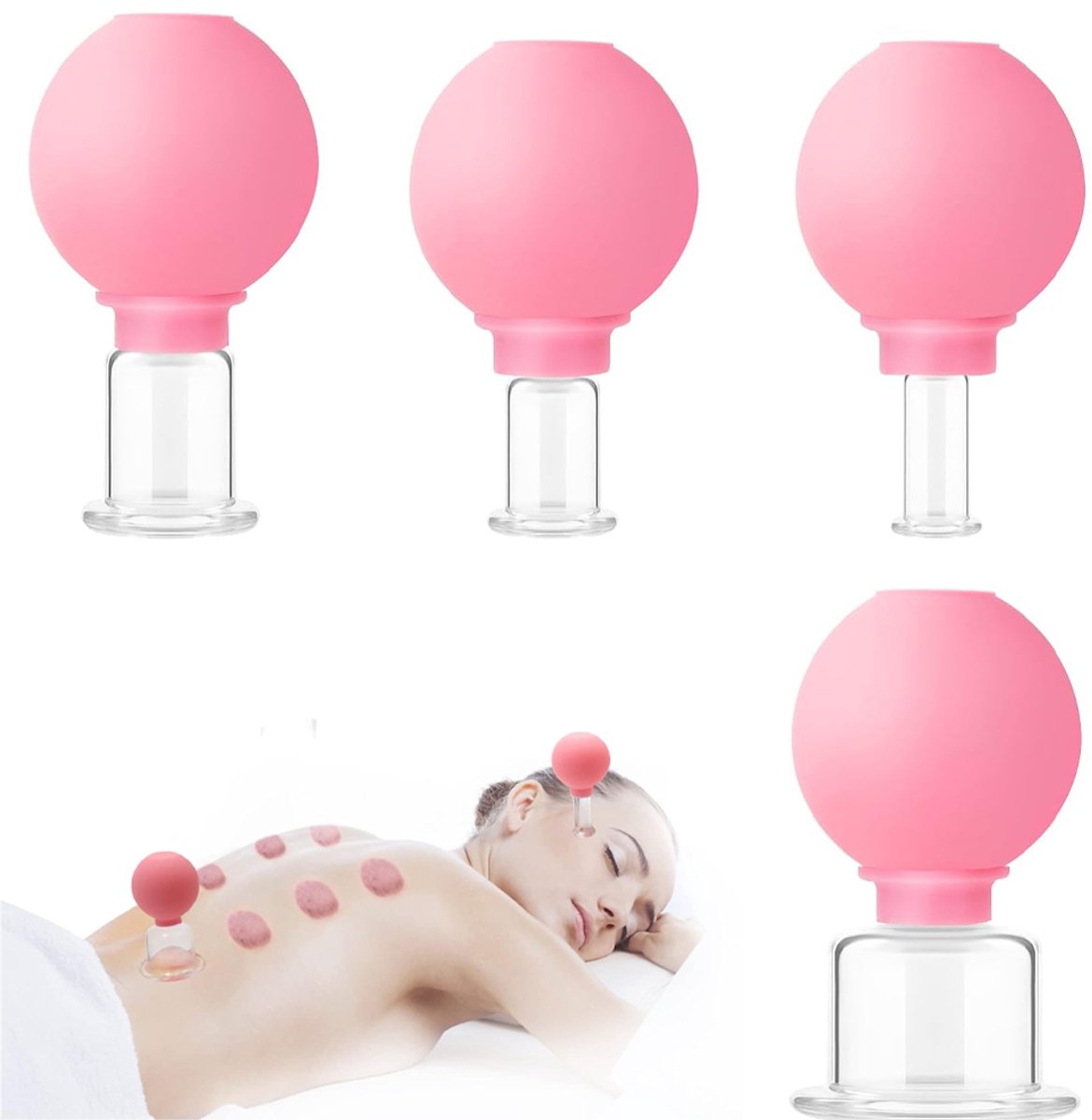 4-Delige cupping set - Cellulite Cups - Glas Facial Cupping Set - Vacuüm Massage Therapie - Vacuüm Zuig - Massage Cups - Anti Cellulite Lymfatische Therapie - Vacuüm Massage Sets - voor Ogen, Gezicht en Lichaam - Gezichts zuignappen - Roze