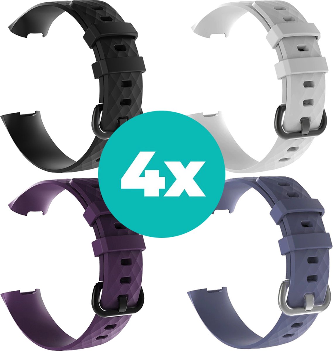 Siliconen bandjes geschikt voor Fitbit Charge 4 bandje - Bundel van 4 bandjes - Sport bandje Geschikt voor Fitbit Charge 3 bandje - Set bandjes 4x Zwart - Paars - Grijsblauw - Wit - Maat M/L (Large)