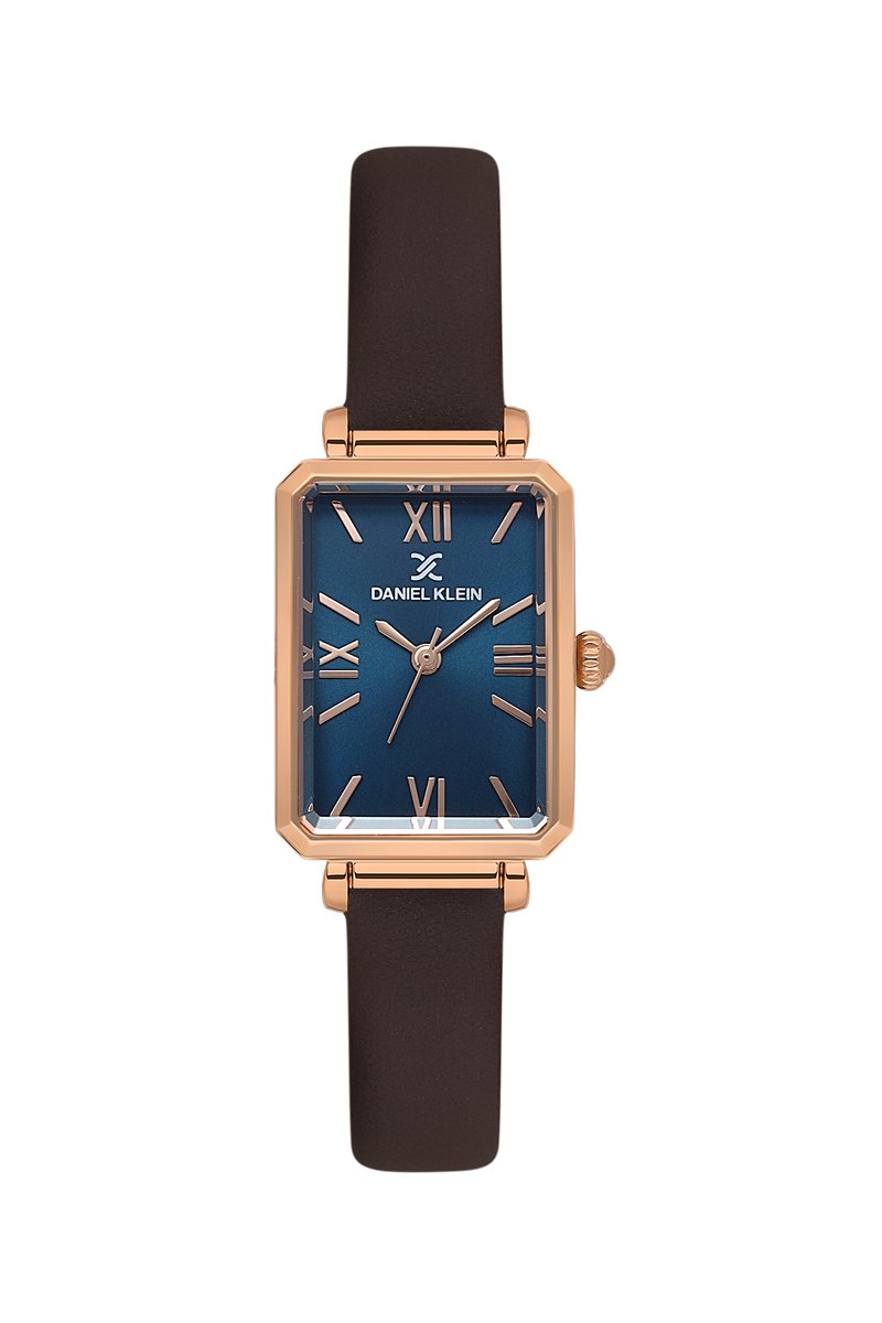 Daniel Klein DK.1.13935-6 - Horloge - Polshorloge - Analoog - Dames - Vrouwen - Leren band - Metaal - Rechthoek - Streepjes - Romeinse Cijfers - DonkerBruin - Rosékleurig - Groen